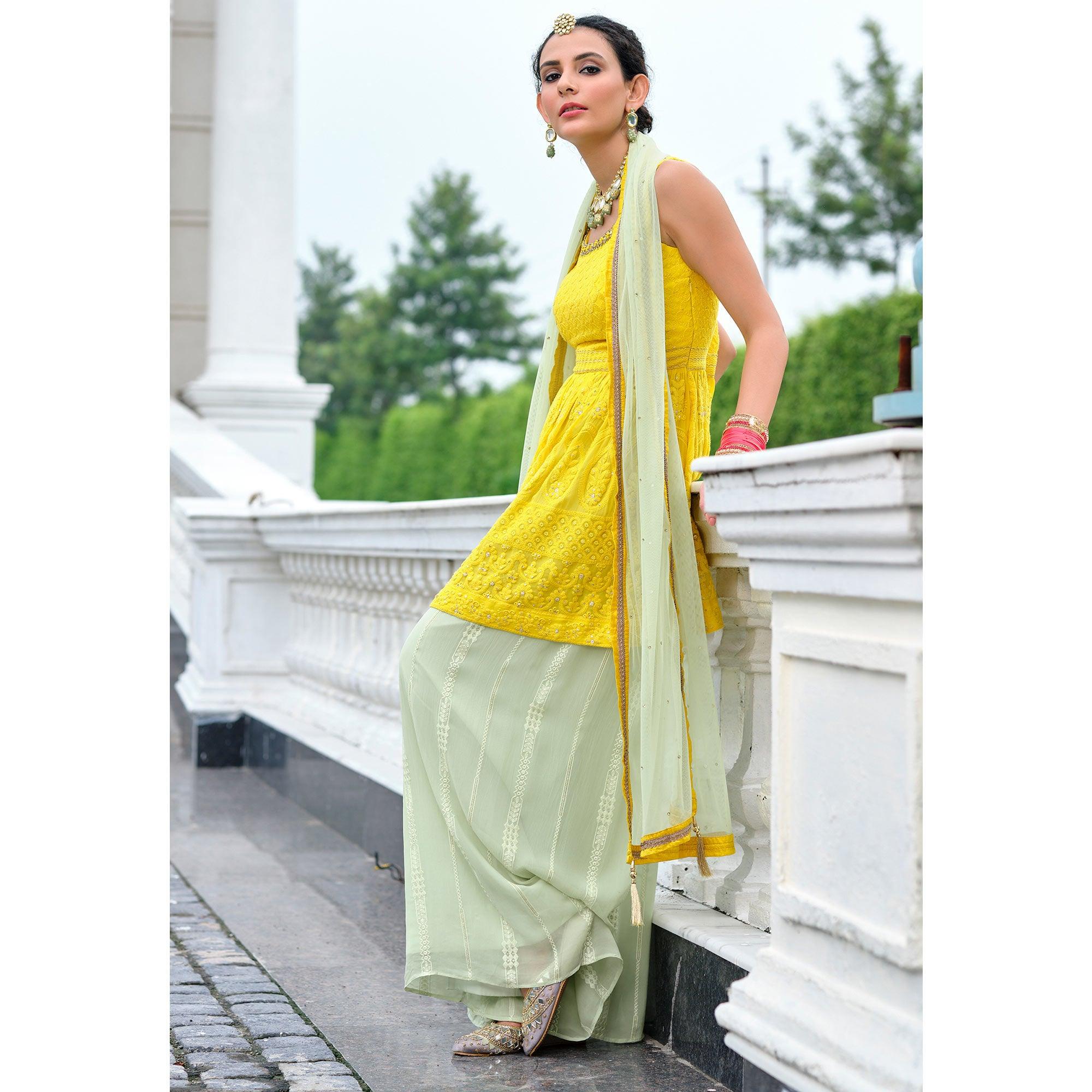 Yellow Partywear Sequence Embroidered Pure Viscose Kurti Sharara Set - Peachmode