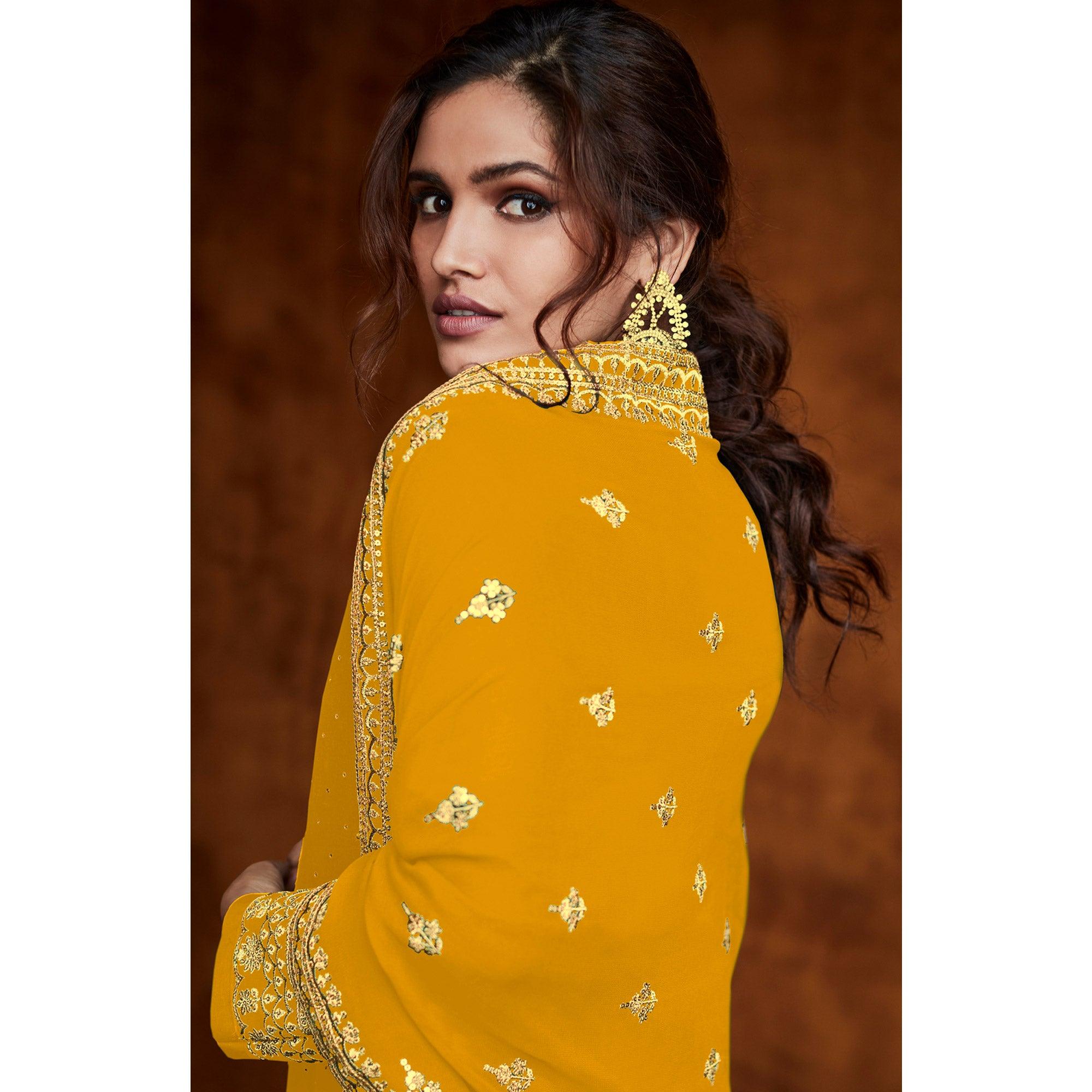 Yellow Partywear Sequence Embroidered Real Georgette Palazzo Suit - Peachmode