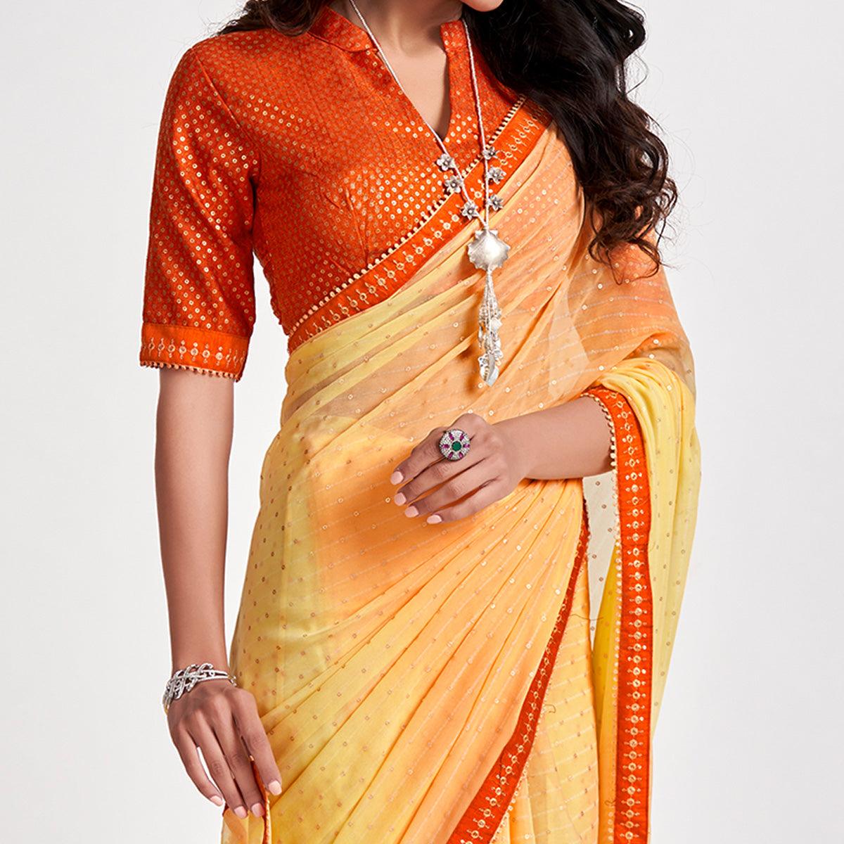 Yellow Partywear Sequence Foil Printed Georgette Saree - Peachmode