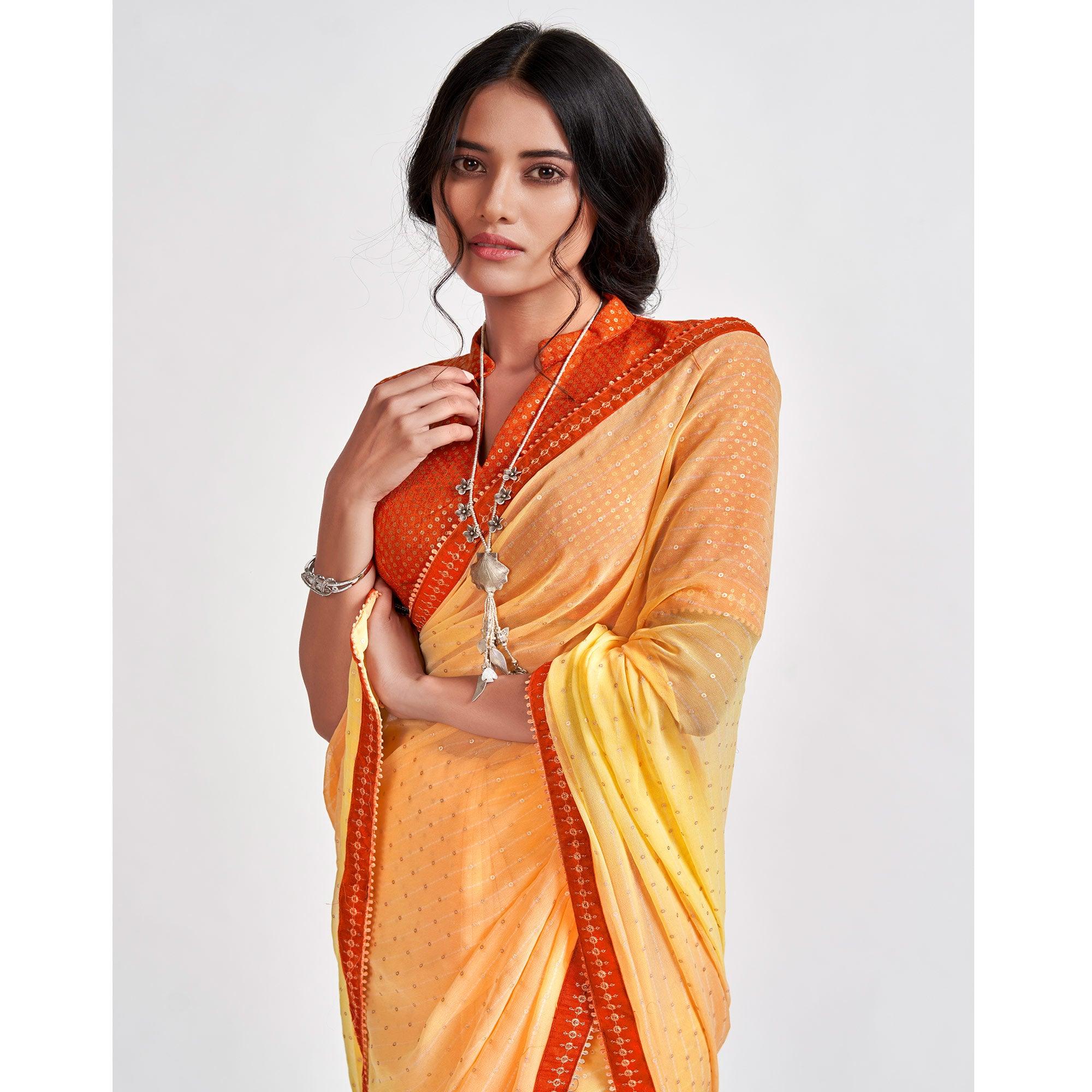 Yellow Partywear Sequence Foil Printed Georgette Saree - Peachmode
