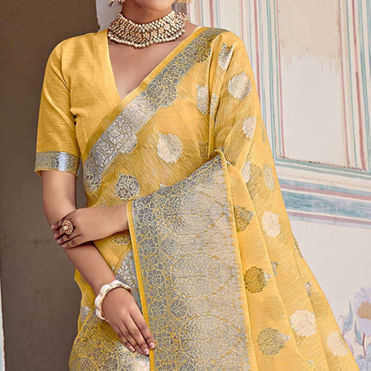 Yellow Partywear Silver Zari Work Linen Saree - Peachmode