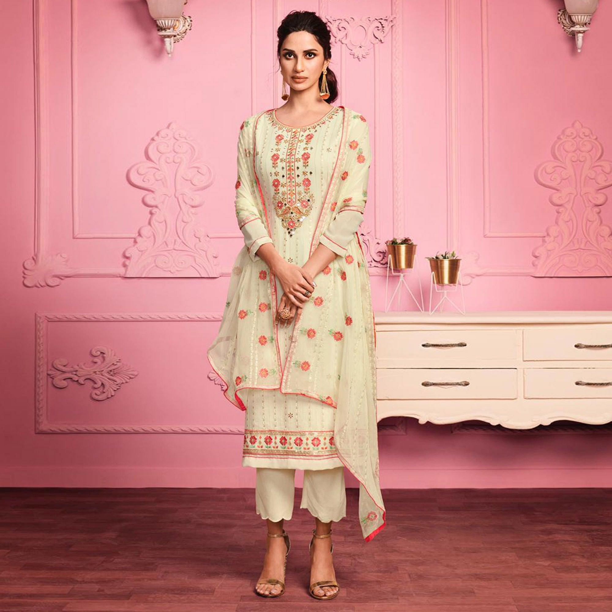 Yellow Partywear Thread Floral Embroidery & Khatli Mirror Alizeh Georgette Suit - Peachmode