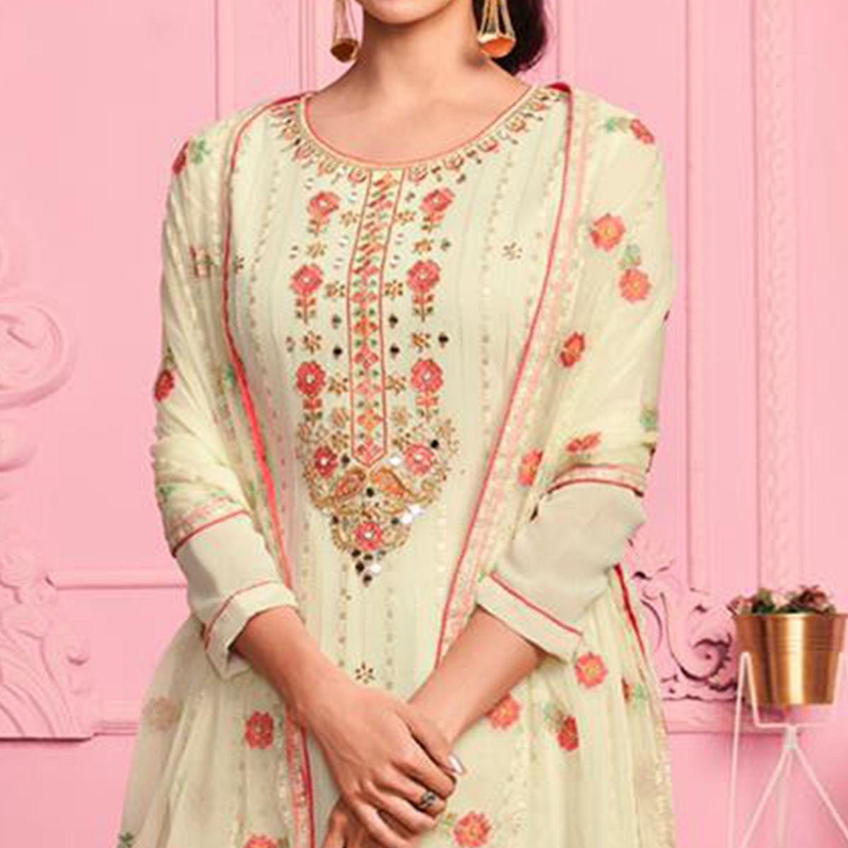 Yellow Partywear Thread Floral Embroidery & Khatli Mirror Alizeh Georgette Suit - Peachmode