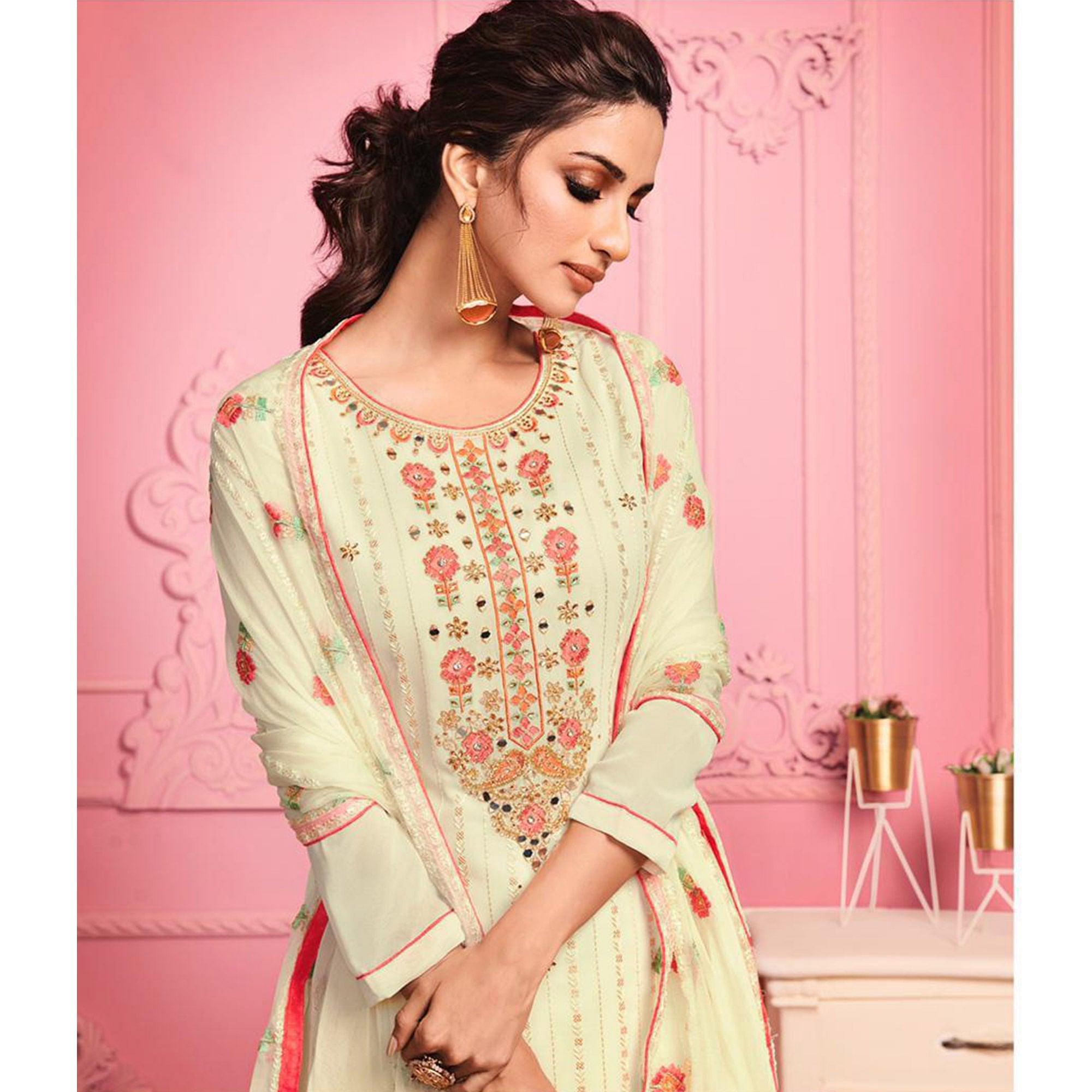 Yellow Partywear Thread Floral Embroidery & Khatli Mirror Alizeh Georgette Suit - Peachmode