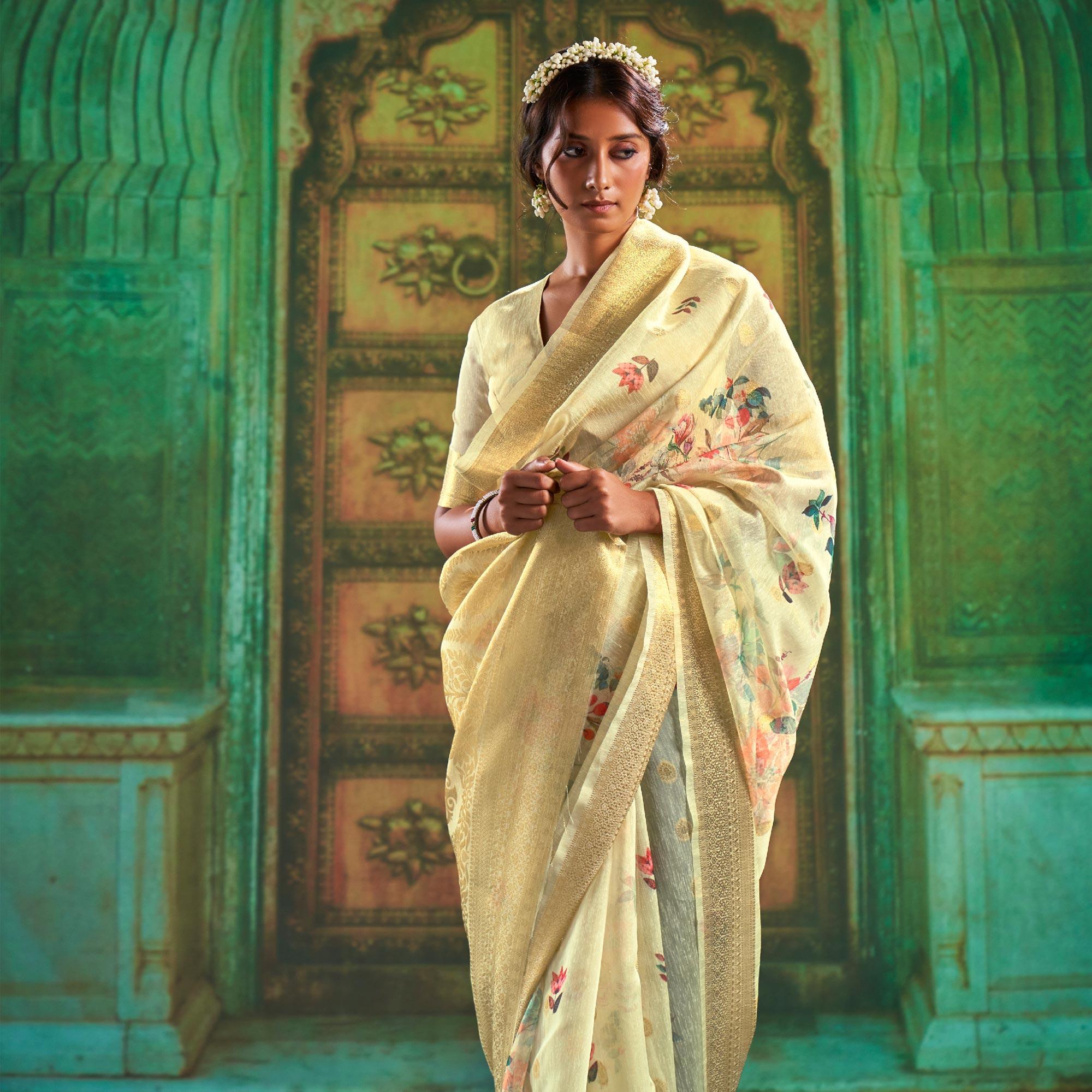 Yellow Partywear Wear Digital Floral Taspa Linen Silk Saree - Peachmode