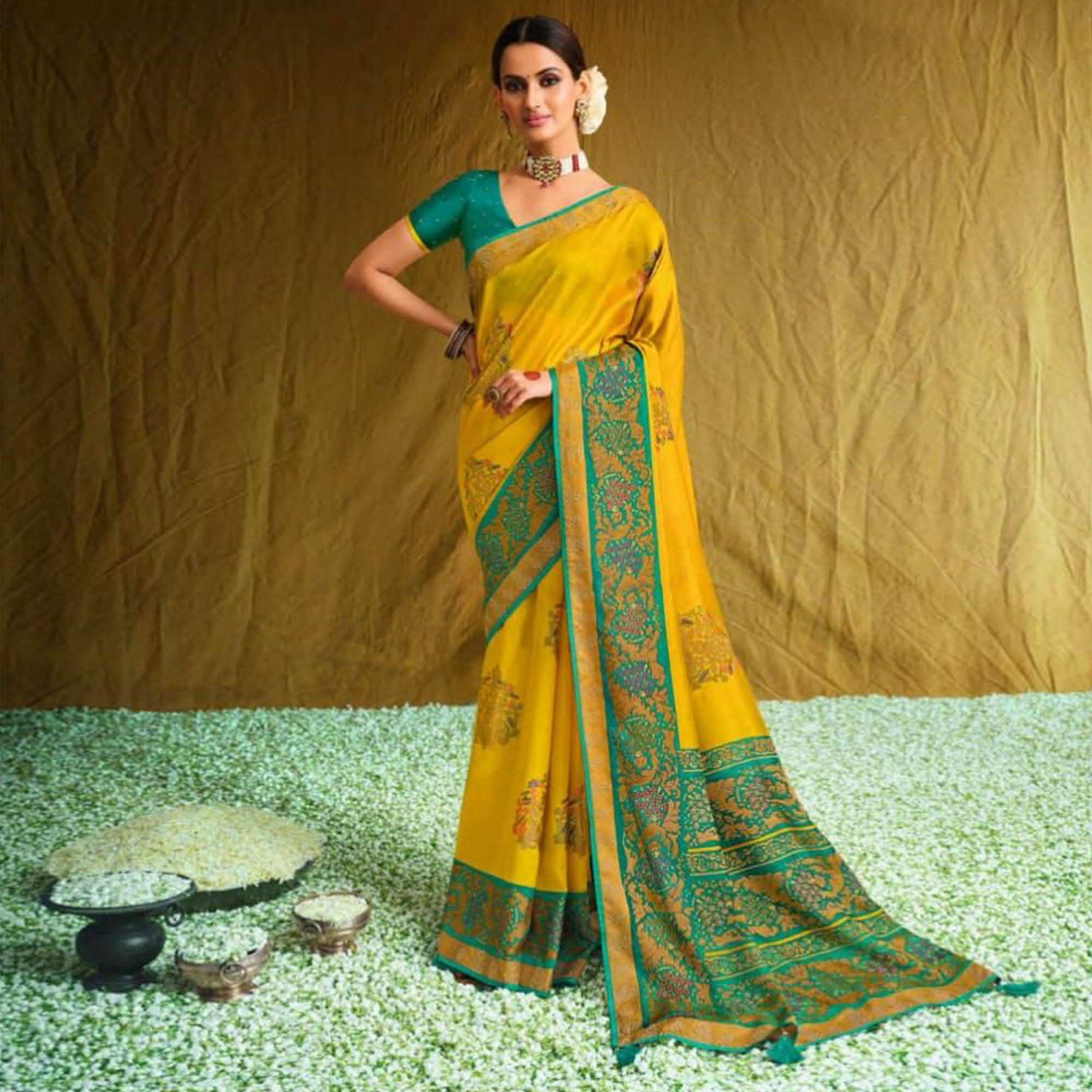 Yellow Partywear Weaving Resham Work Brasso Saree - Peachmode