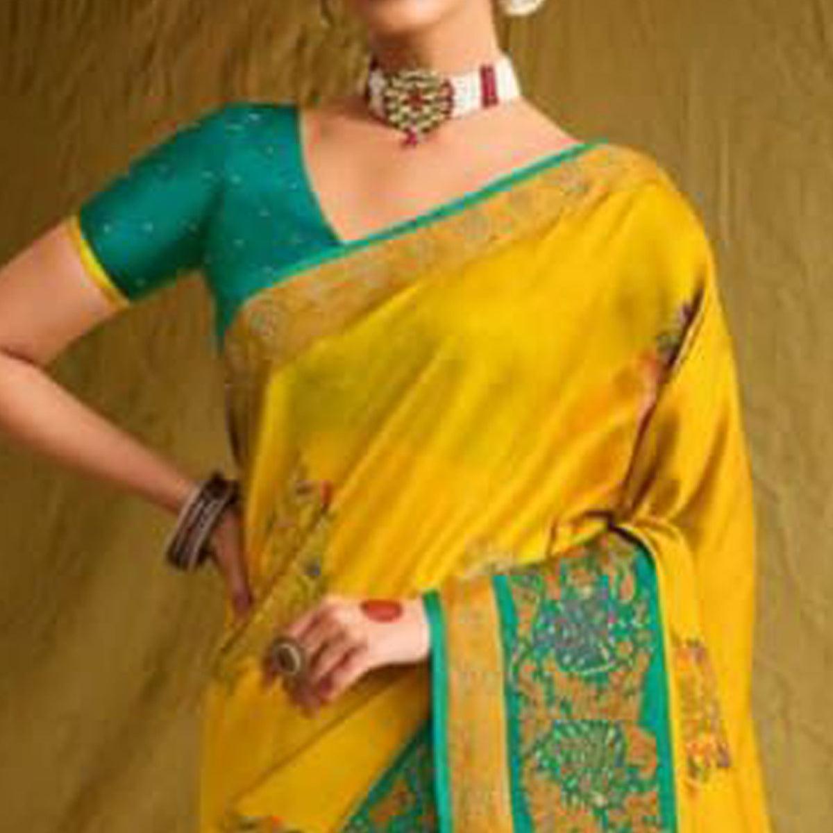 Yellow Partywear Weaving Resham Work Brasso Saree - Peachmode