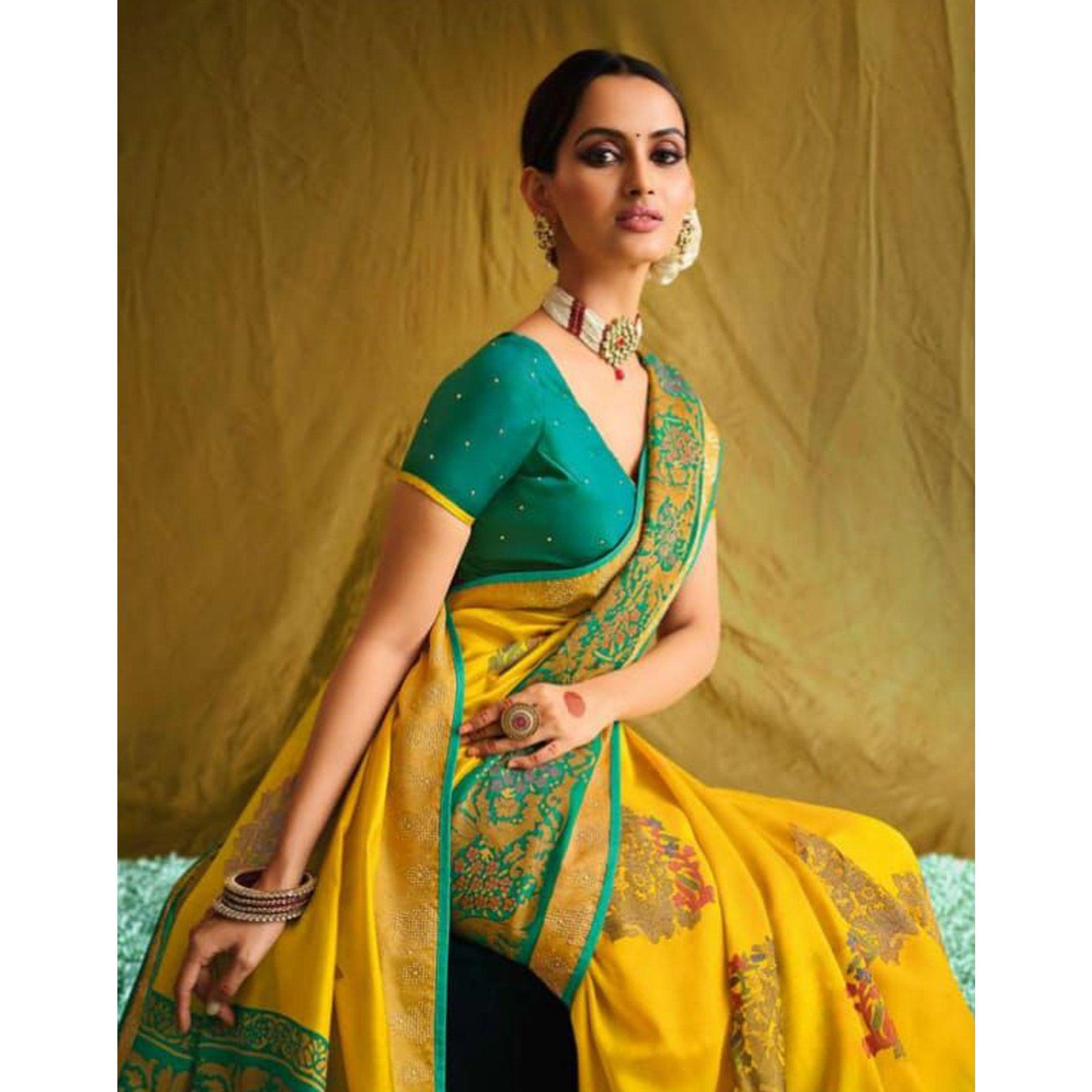 Yellow Partywear Weaving Resham Work Brasso Saree - Peachmode