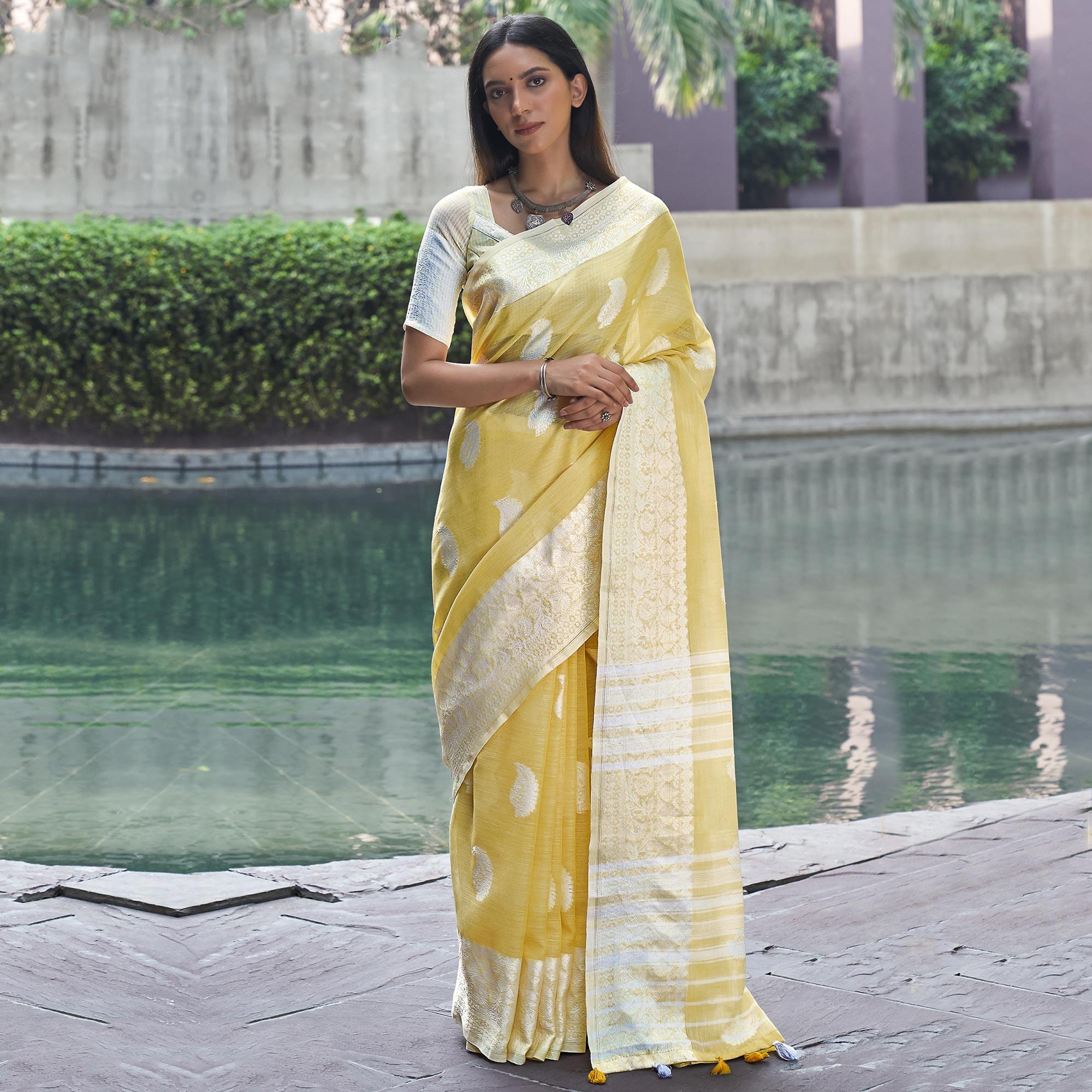 Yellow Partywear Woven Linen Saree - Peachmode