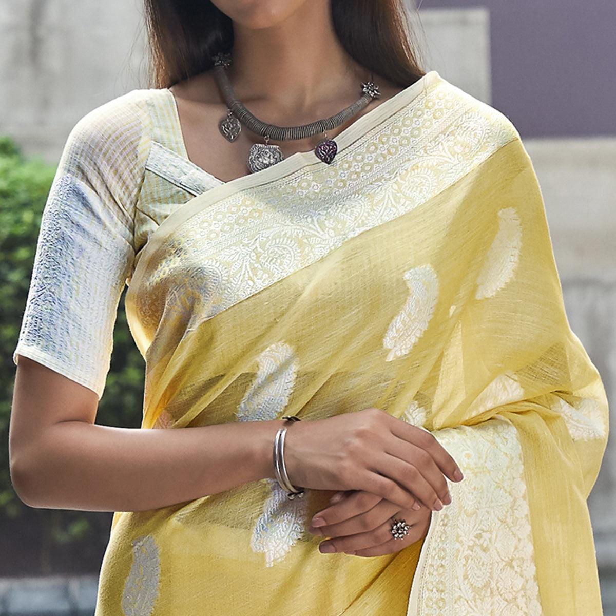 Yellow Partywear Woven Linen Saree - Peachmode