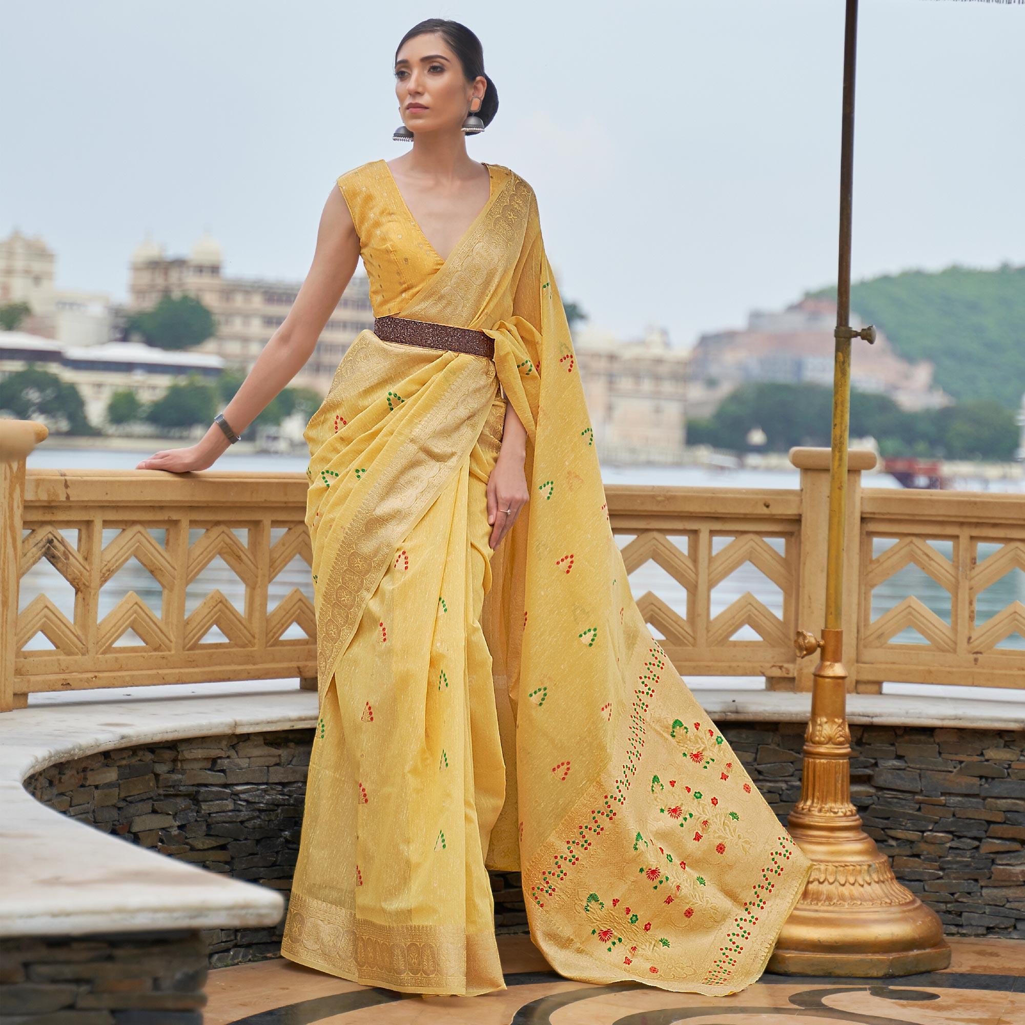 Yellow Partywear Woven Pure Linen Saree - Peachmode