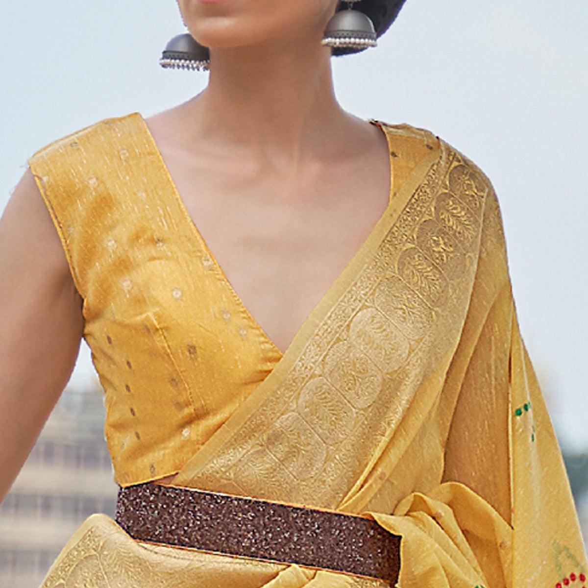 Yellow Partywear Woven Pure Linen Saree - Peachmode
