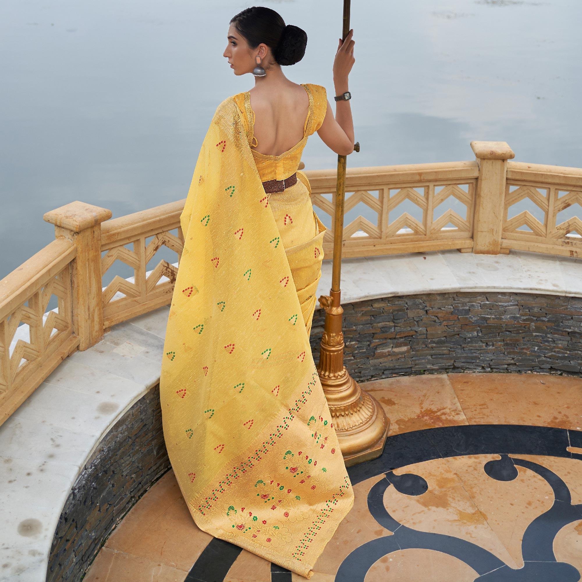 Yellow Partywear Woven Pure Linen Saree - Peachmode