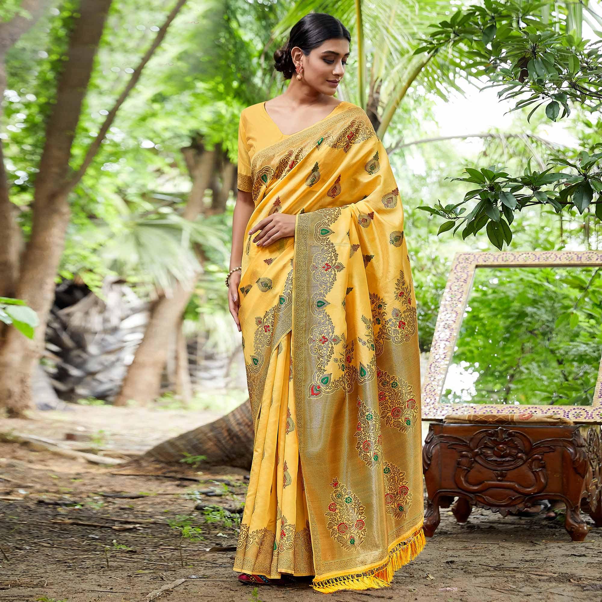 Yellow Partywear Woven Silk Saree - Peachmode