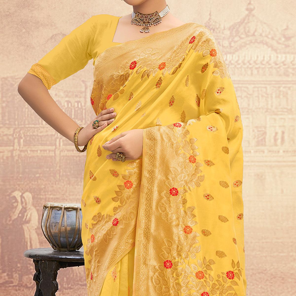 Yellow Partywear Woven Silk Saree - Peachmode