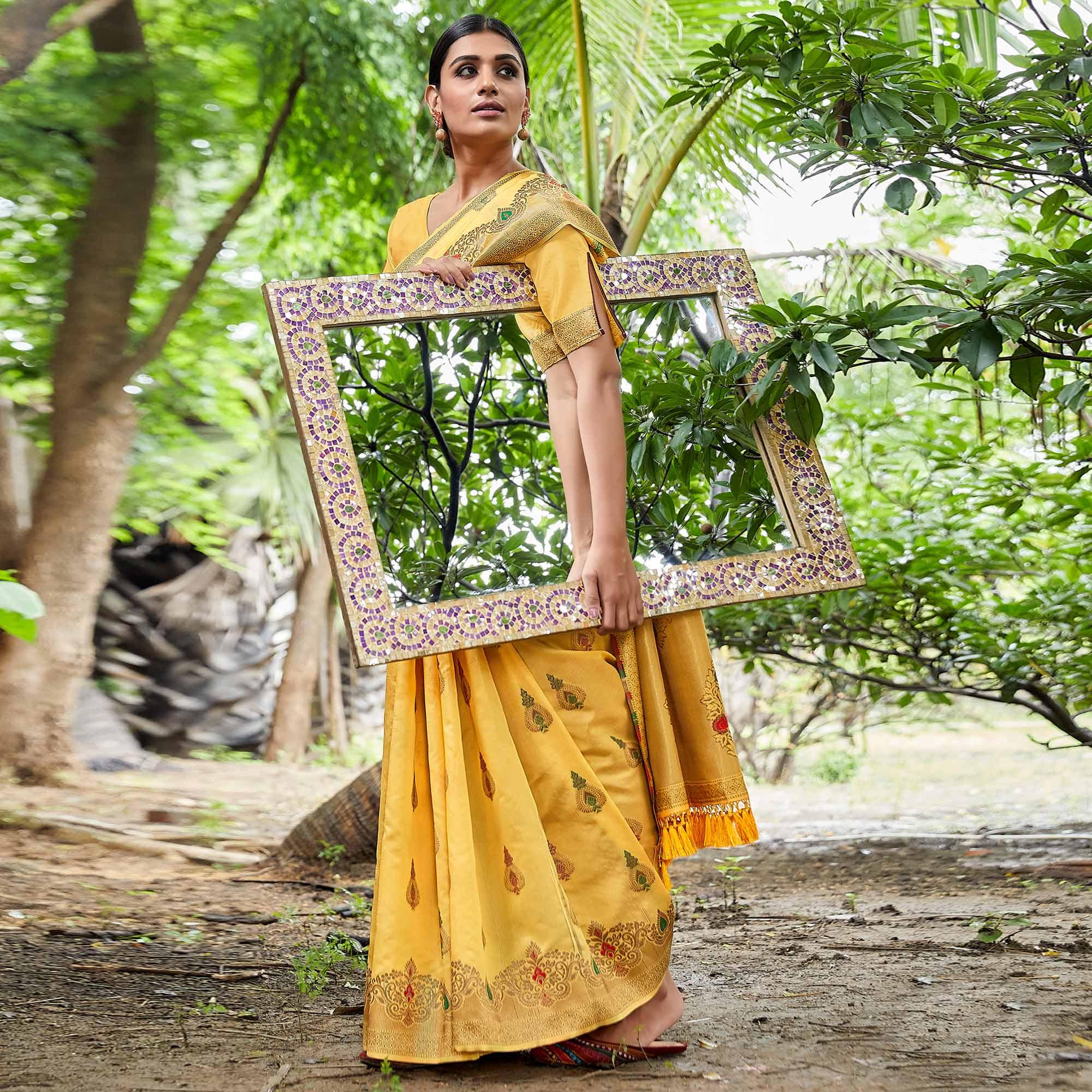 Yellow Partywear Woven Silk Saree - Peachmode