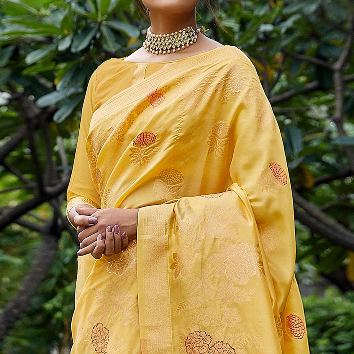 Yellow Partywear Woven Silk Saree - Peachmode