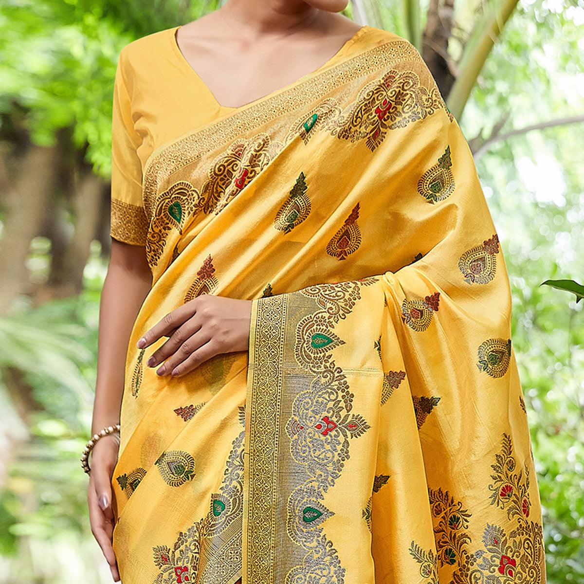 Yellow Partywear Woven Silk Saree - Peachmode