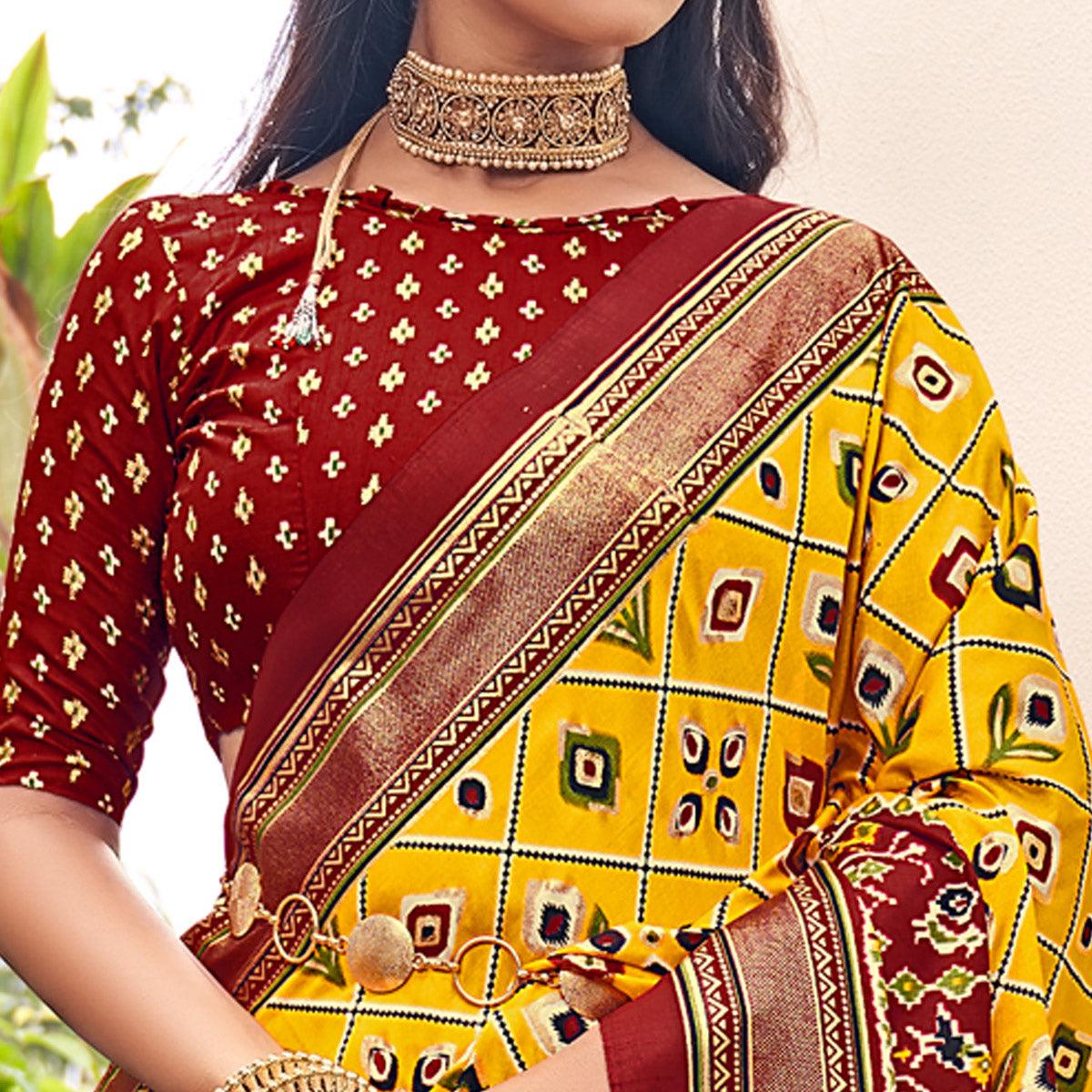 Yellow Patola Printed Silk Saree With Tassels - Peachmode