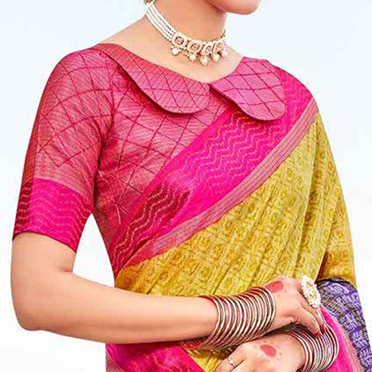 Yellow - Pink Festive Wear Printed Brasso Saree - Peachmode