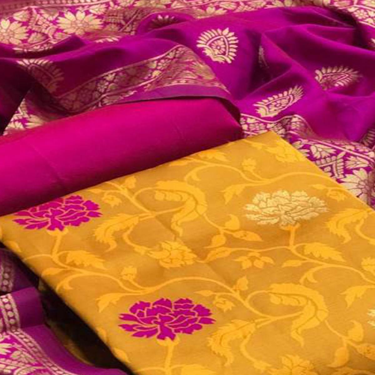 Yellow-Pink Festive Wear Woven Banarasi Silk Dress Material - Peachmode