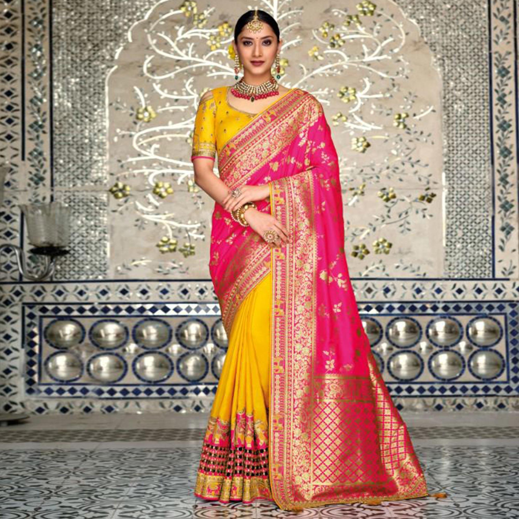 Yellow-Pink Festive Wear Woven Banarasi Silk Half & Half Saree - Peachmode