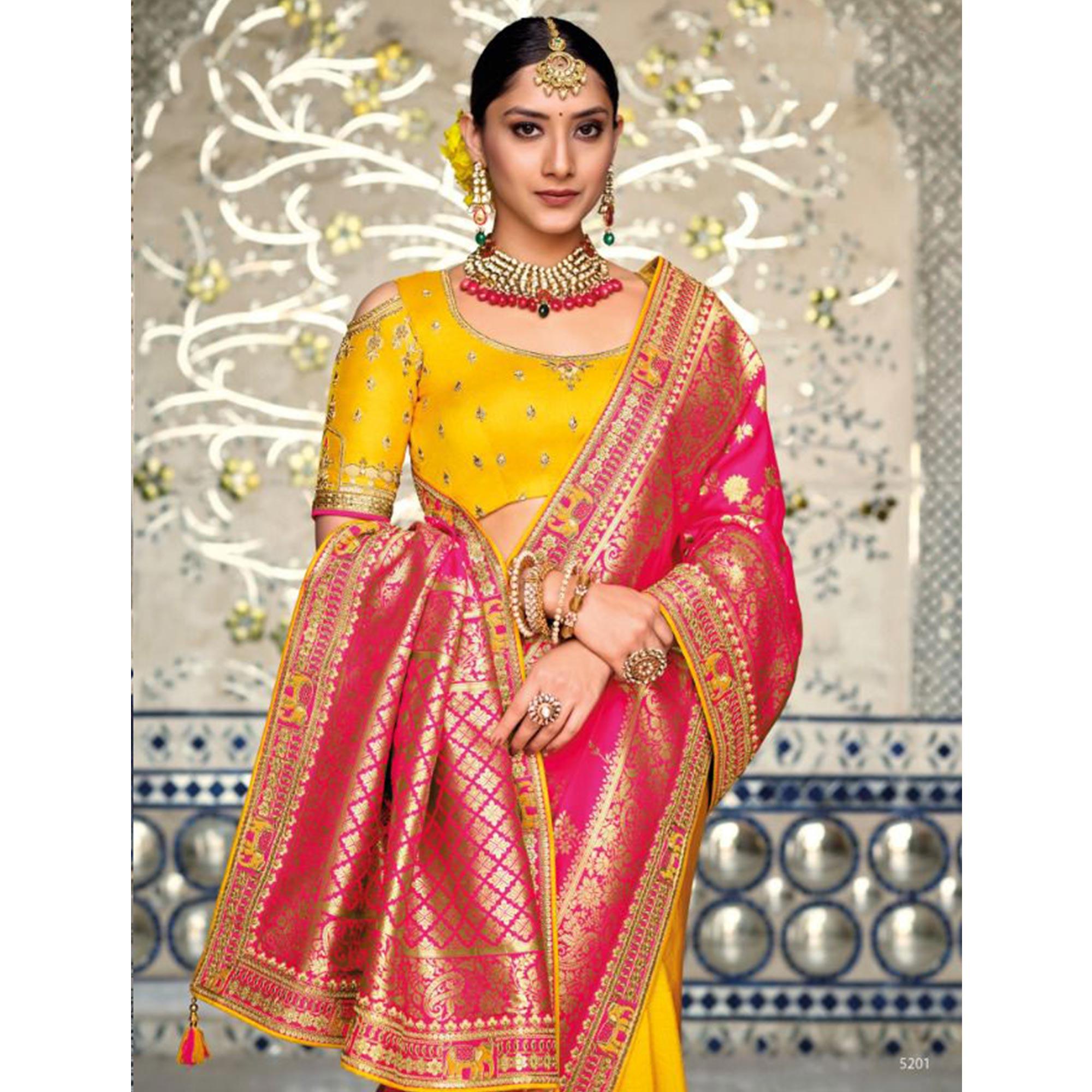 Yellow-Pink Festive Wear Woven Banarasi Silk Half & Half Saree - Peachmode