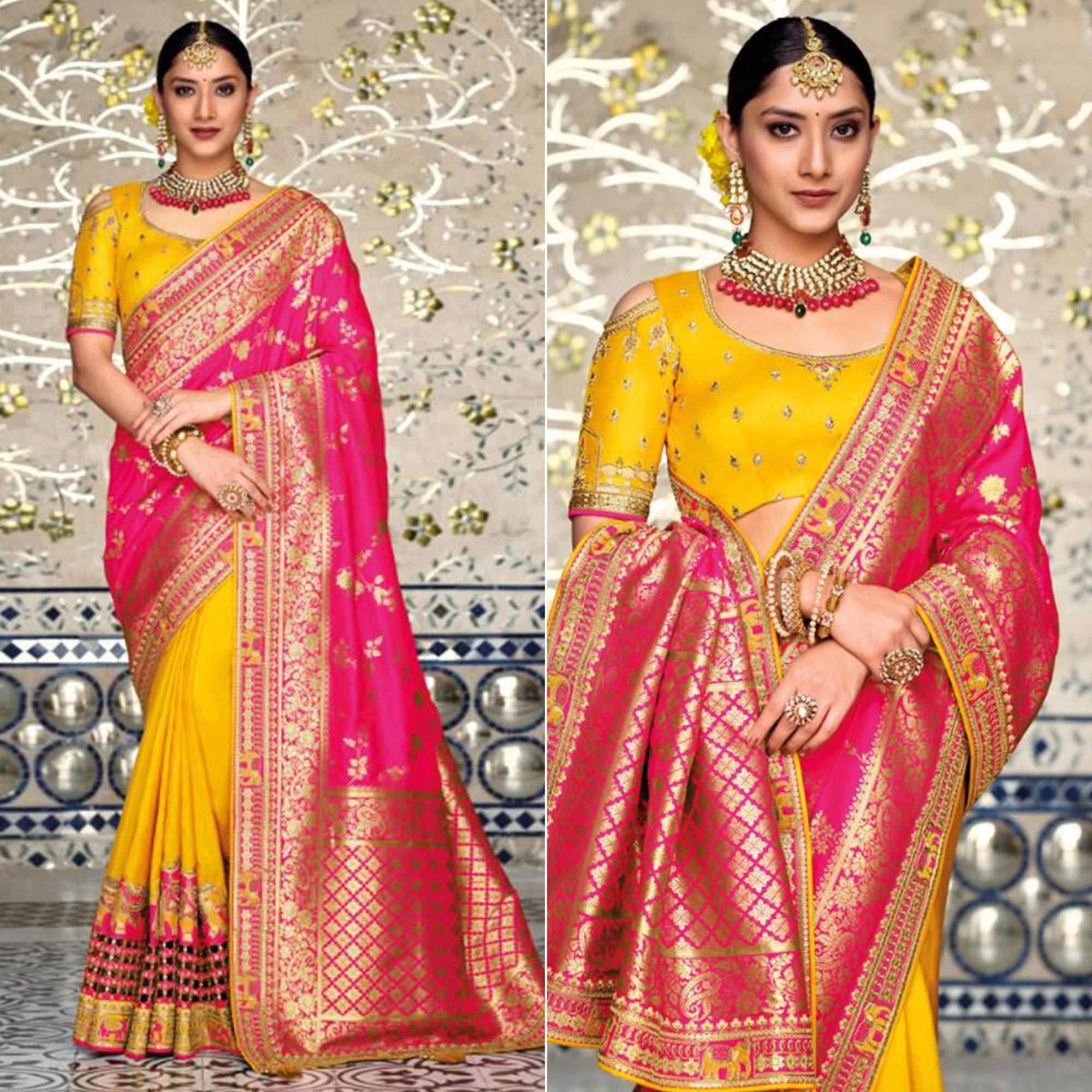 Yellow-Pink Festive Wear Woven Banarasi Silk Half & Half Saree - Peachmode