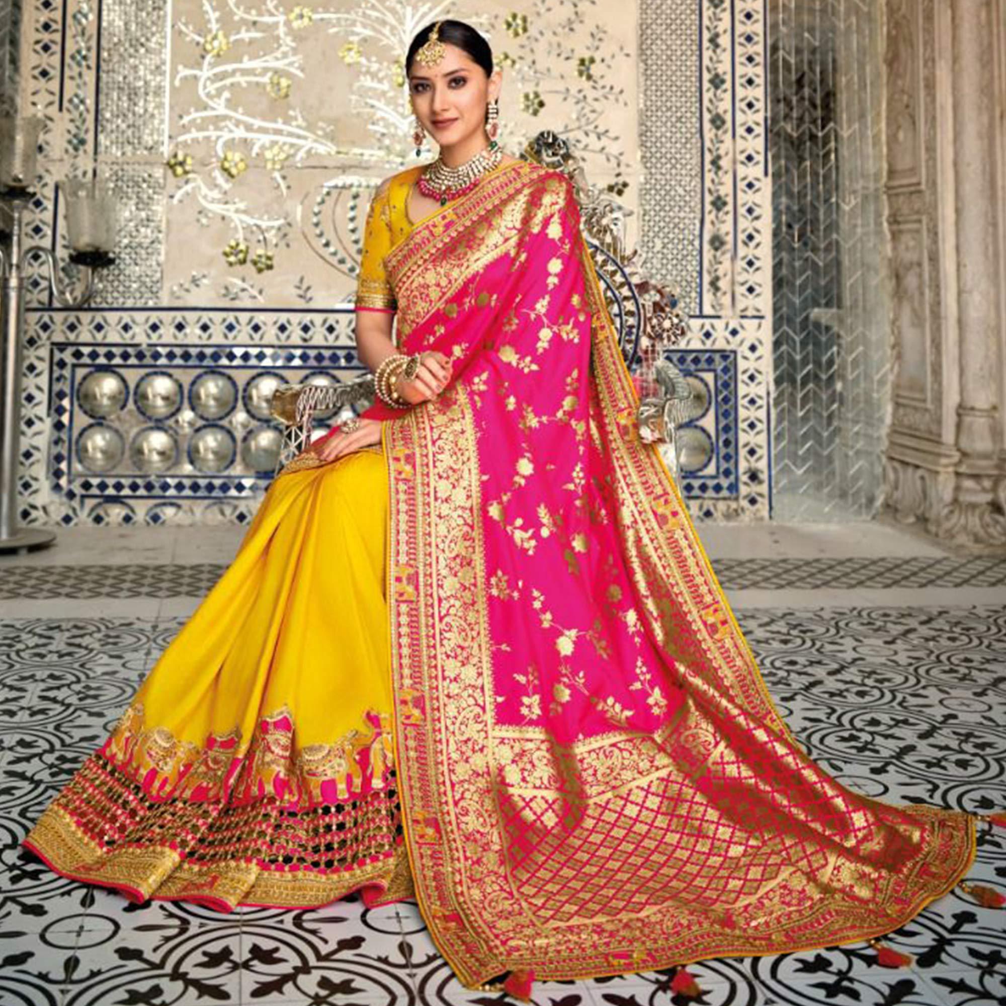 Pink-Gold Festive Wear Banarasi Meenakari Jaquard Lehenga Choli