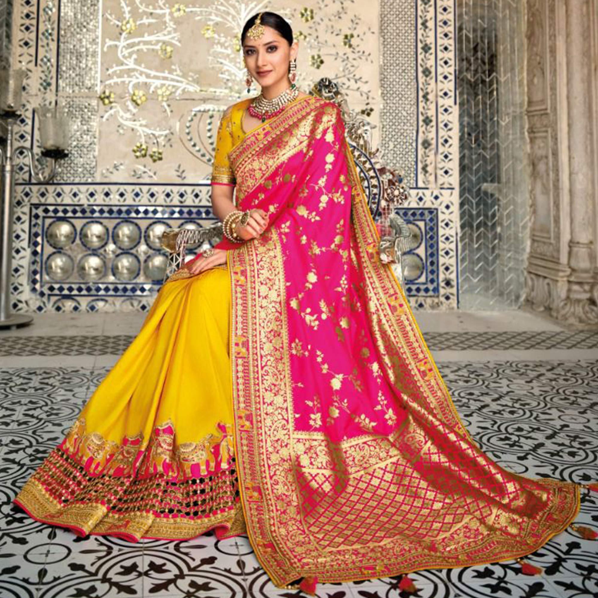 Yellow-Pink Festive Wear Woven Banarasi Silk Half & Half Saree - Peachmode