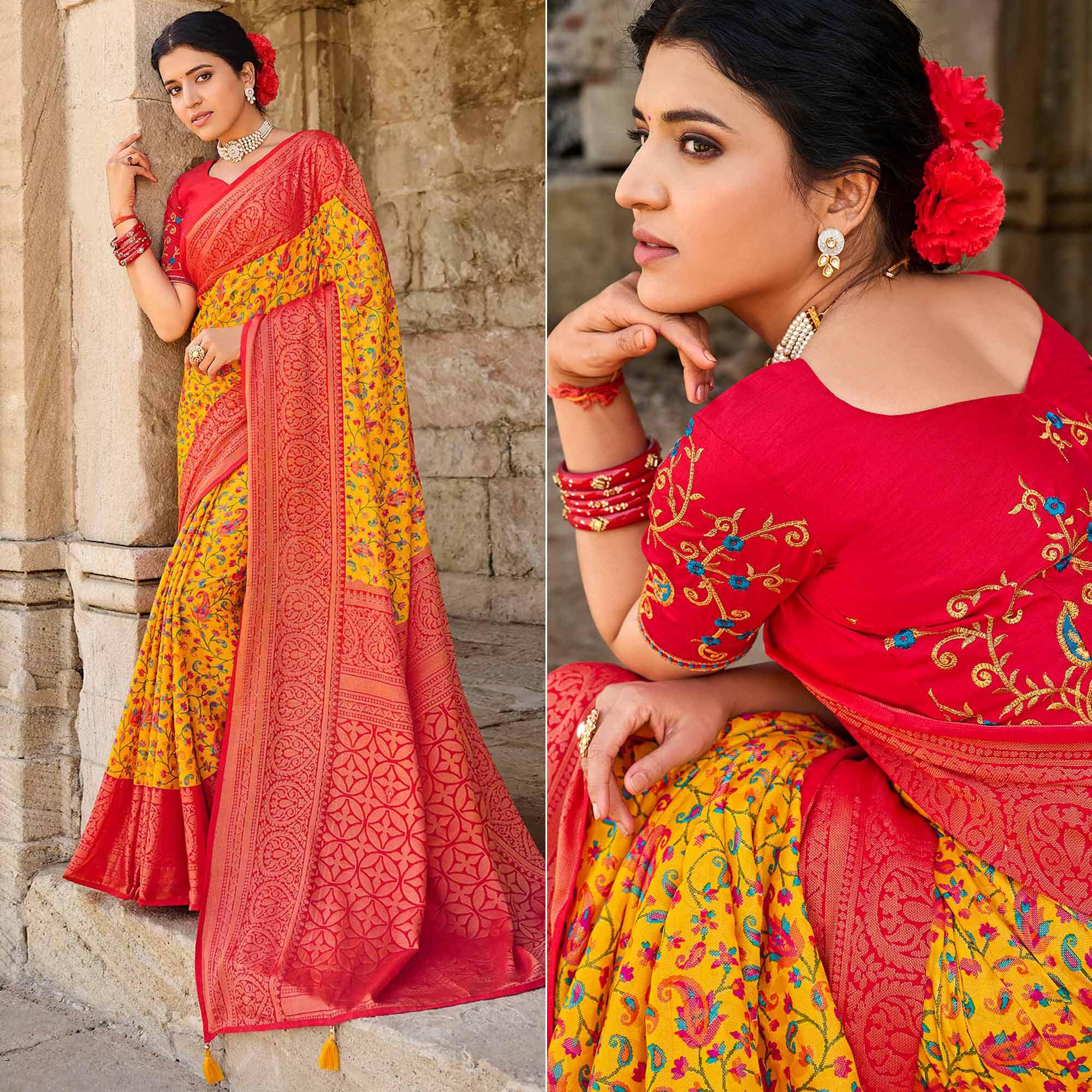 Yellow Printed Art Silk Saree With Tassels - Peachmode