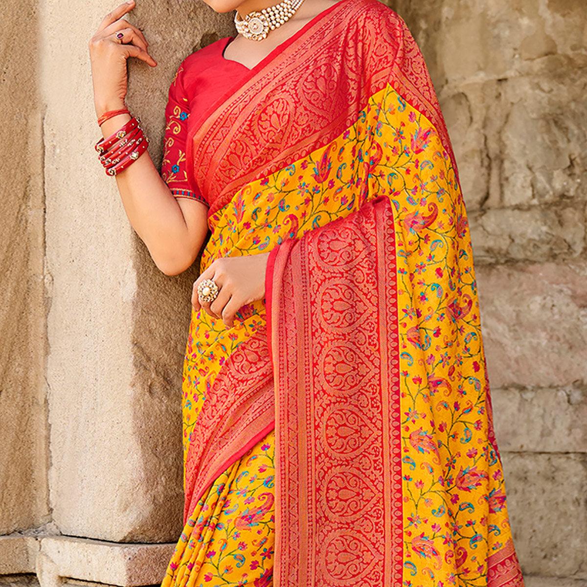 Yellow Printed Art Silk Saree With Tassels - Peachmode