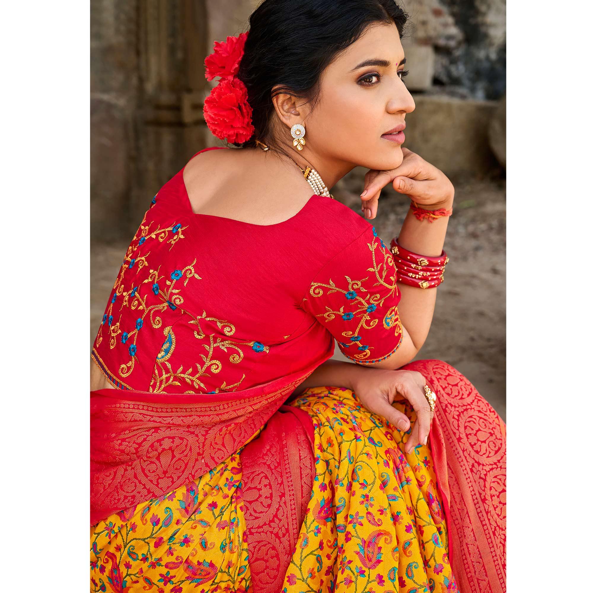 Yellow Printed Art Silk Saree With Tassels - Peachmode