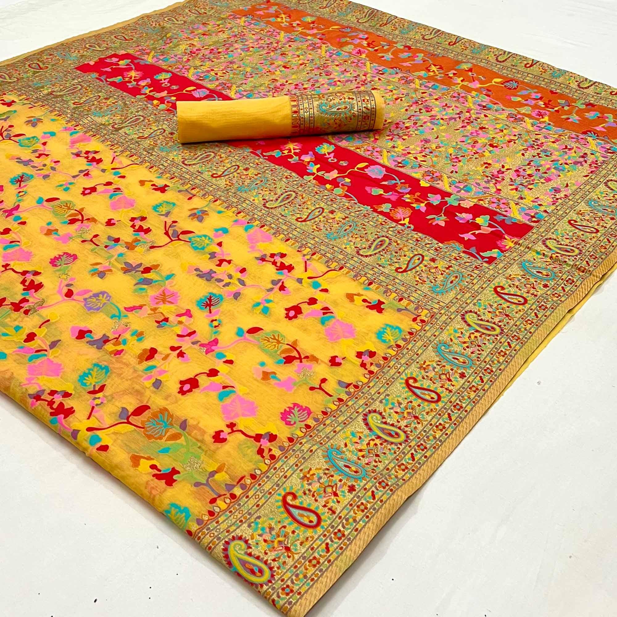 Yellow Printed Chanderi Saree - Peachmode