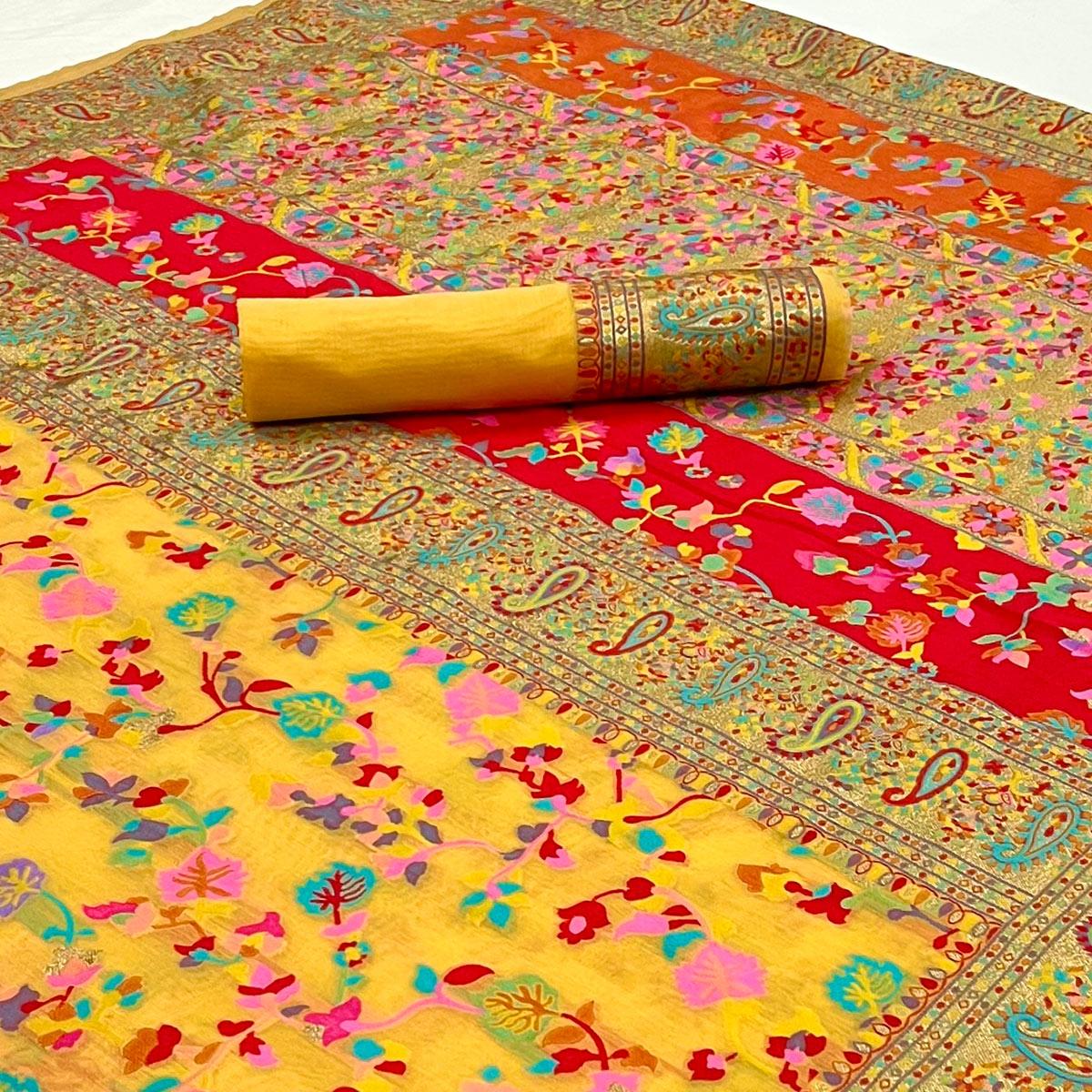 Yellow Printed Chanderi Saree - Peachmode
