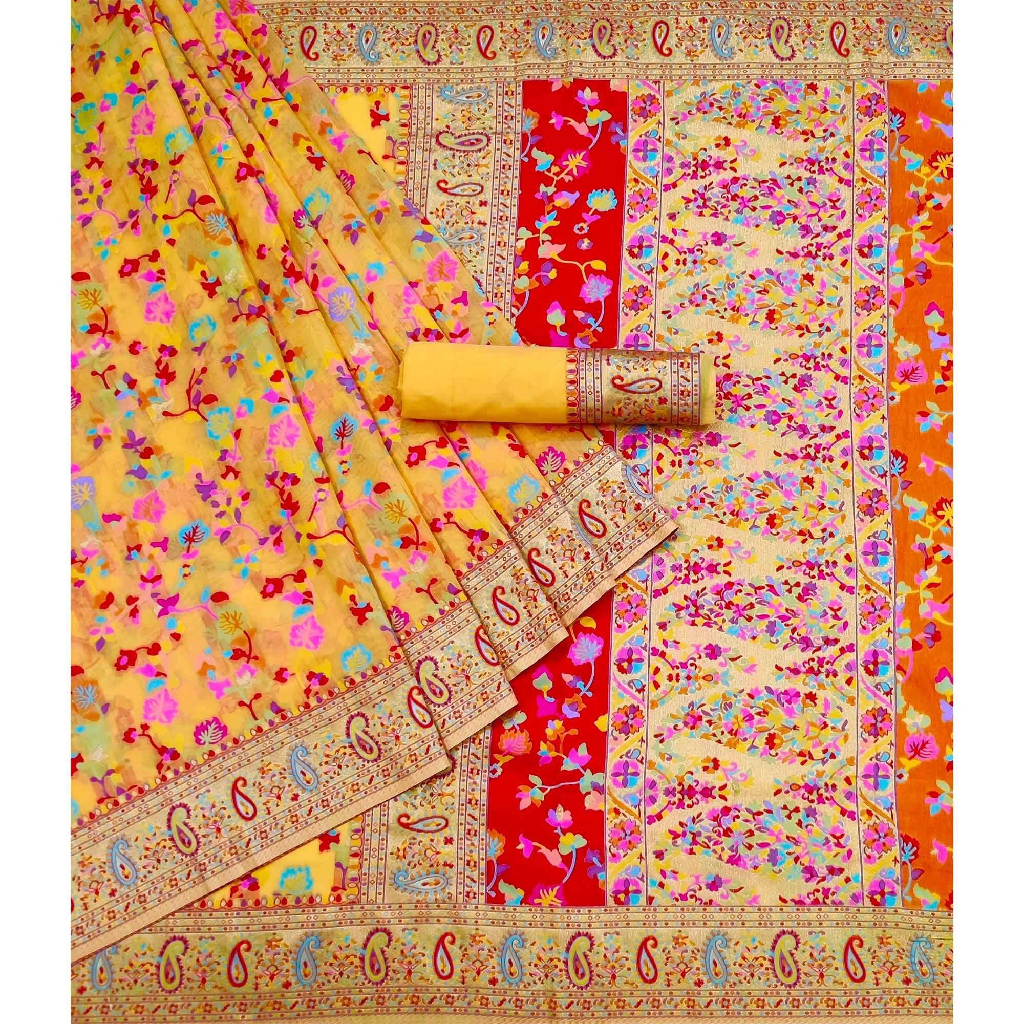 Yellow Printed Chanderi Saree - Peachmode