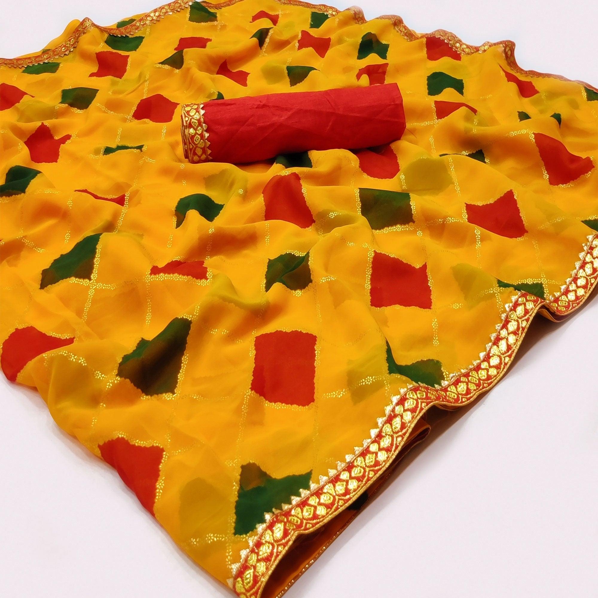 Yellow Printed Chiffon Saree - Peachmode