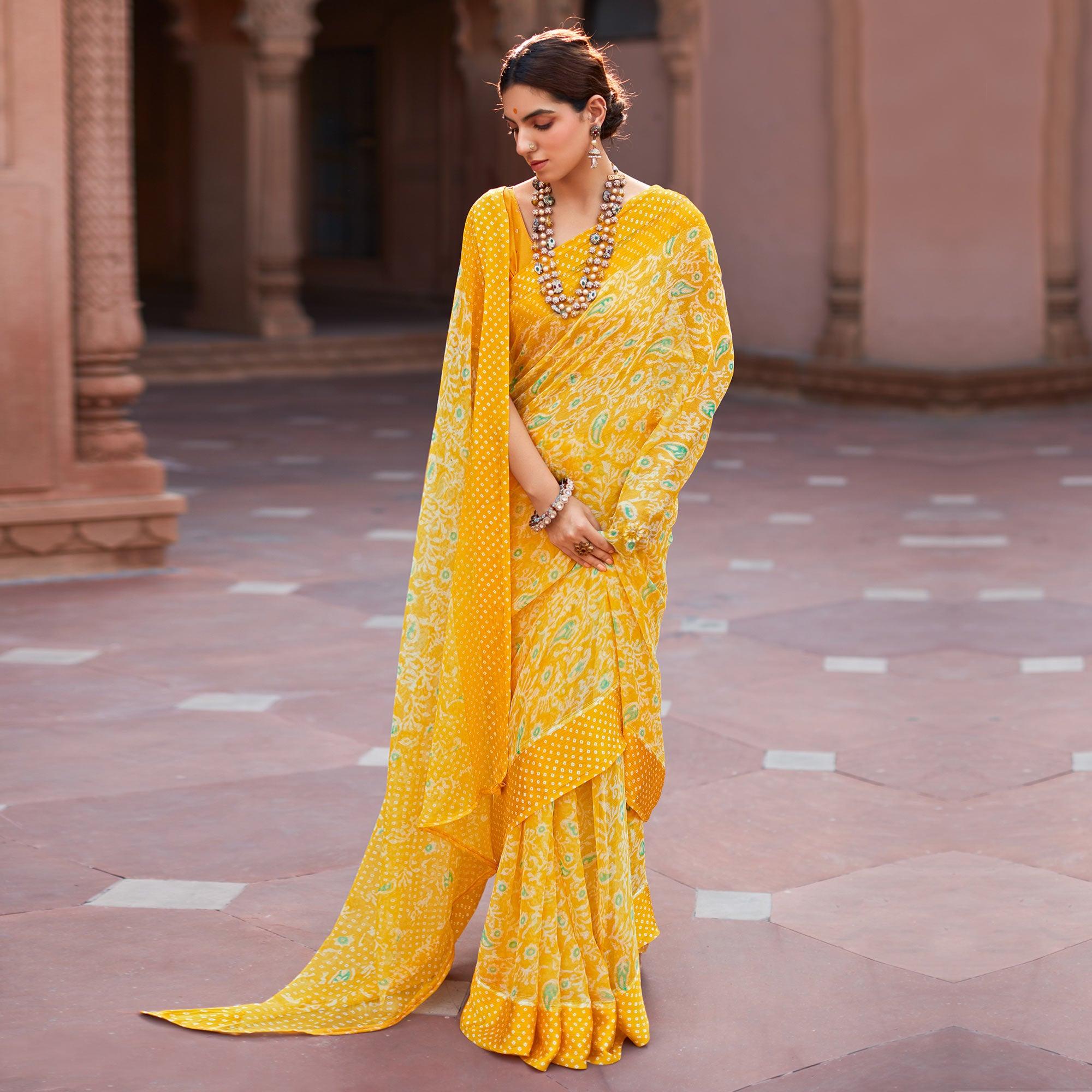 Yellow Printed Chiffon Saree - Peachmode