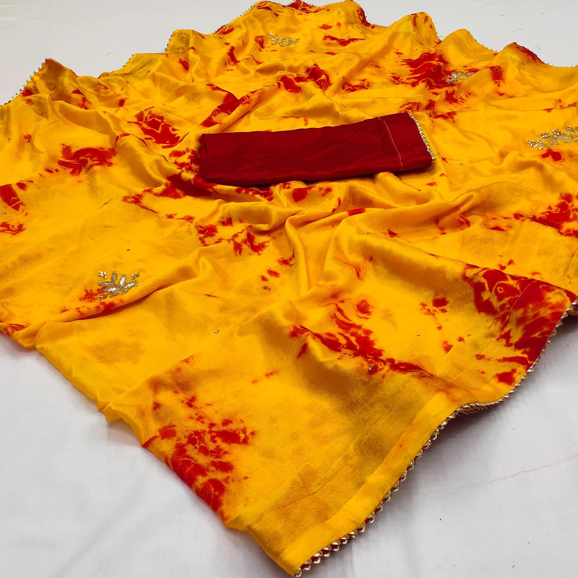 Yellow Printed Chiffon Saree - Peachmode