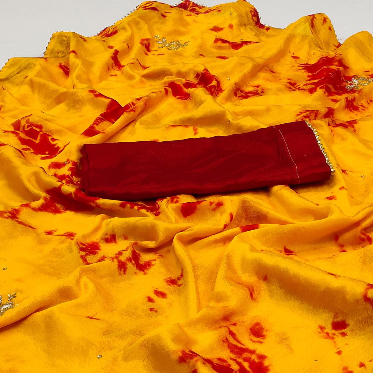 Yellow Printed Chiffon Saree - Peachmode