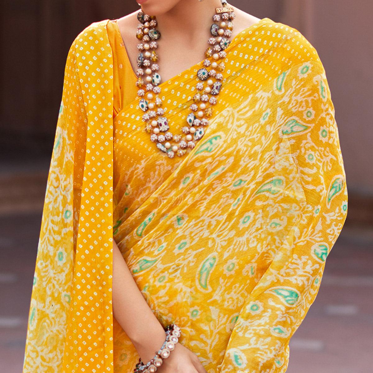 Yellow Printed Chiffon Saree - Peachmode