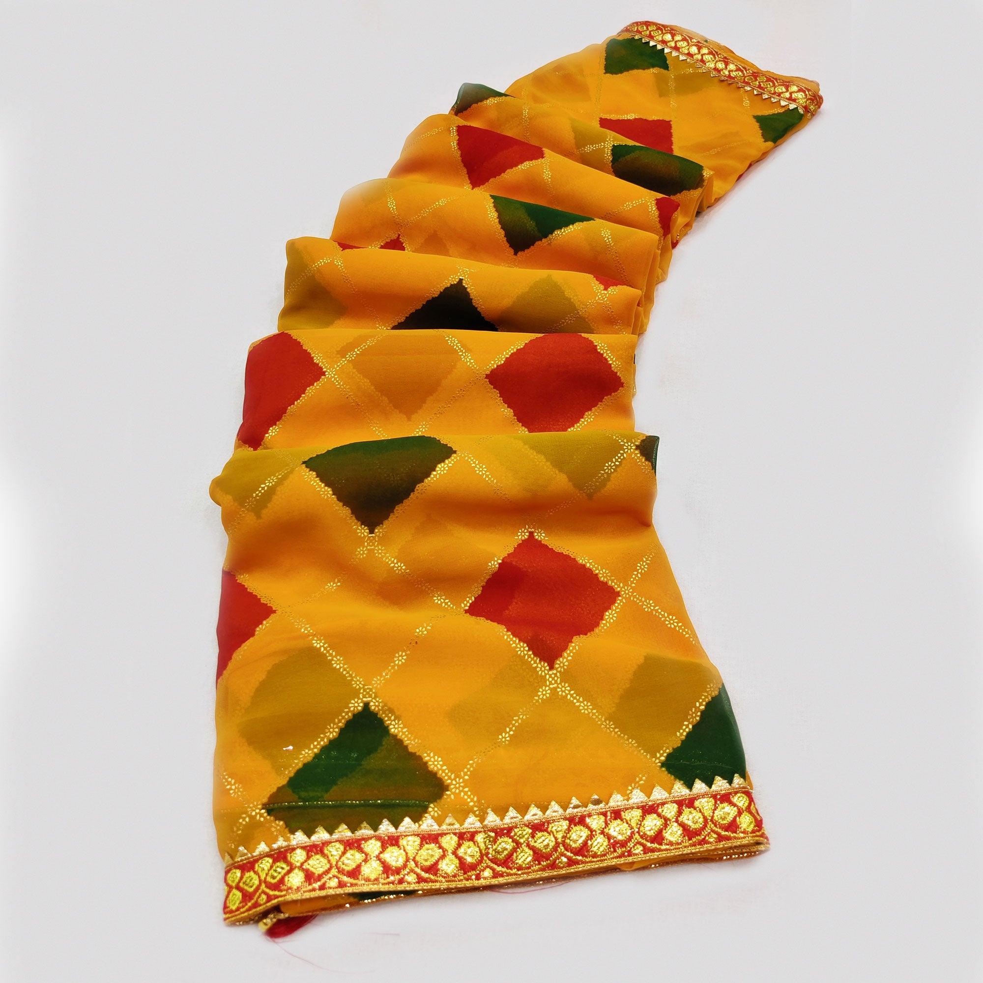 Yellow Printed Chiffon Saree - Peachmode