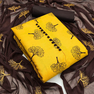 Yellow Printed Cotton Dress Material - Peachmode