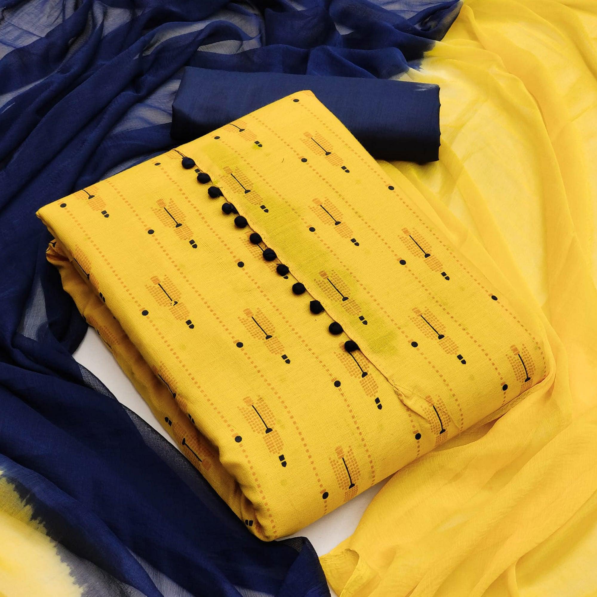 Yellow Printed Cotton Dress Material - Peachmode