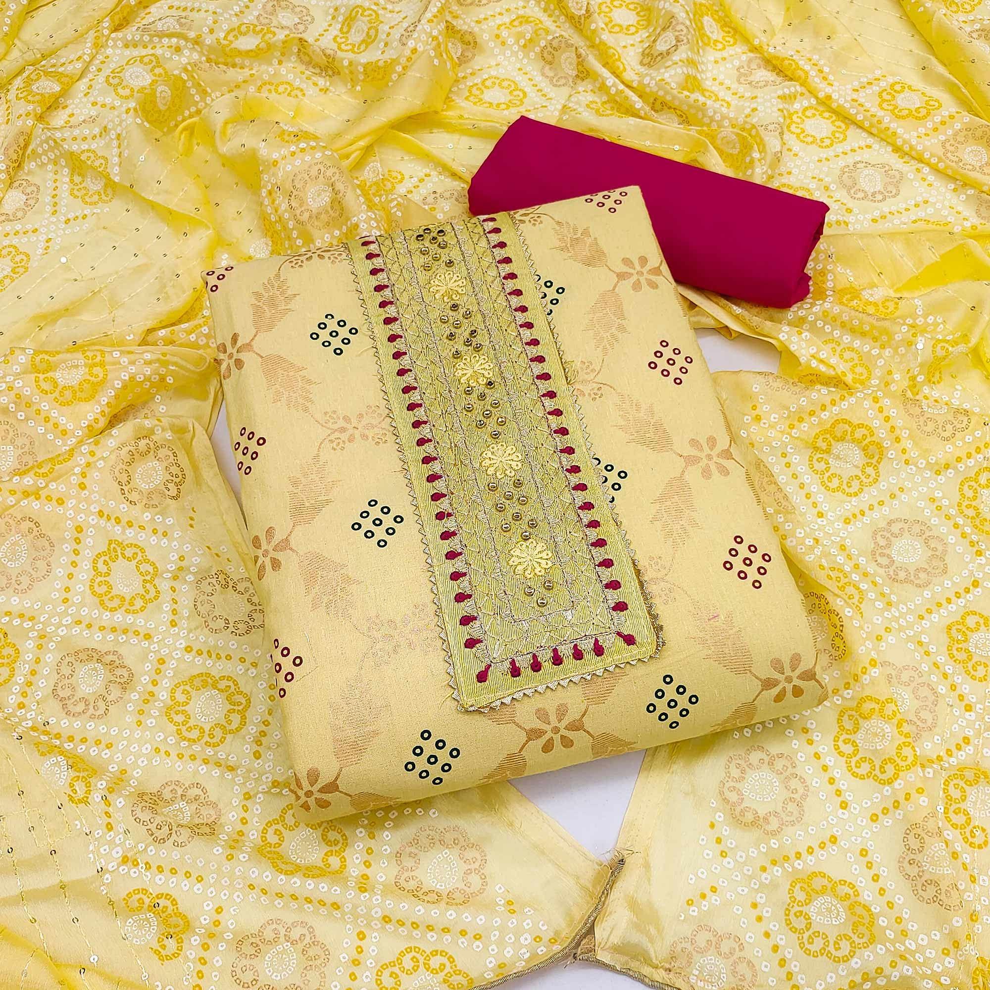 Yellow Printed Cotton Dress Material - Peachmode
