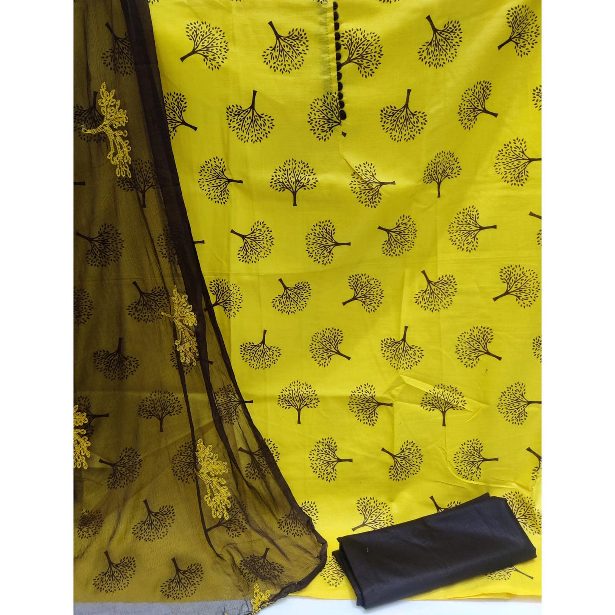 Yellow Printed Cotton Dress Material - Peachmode