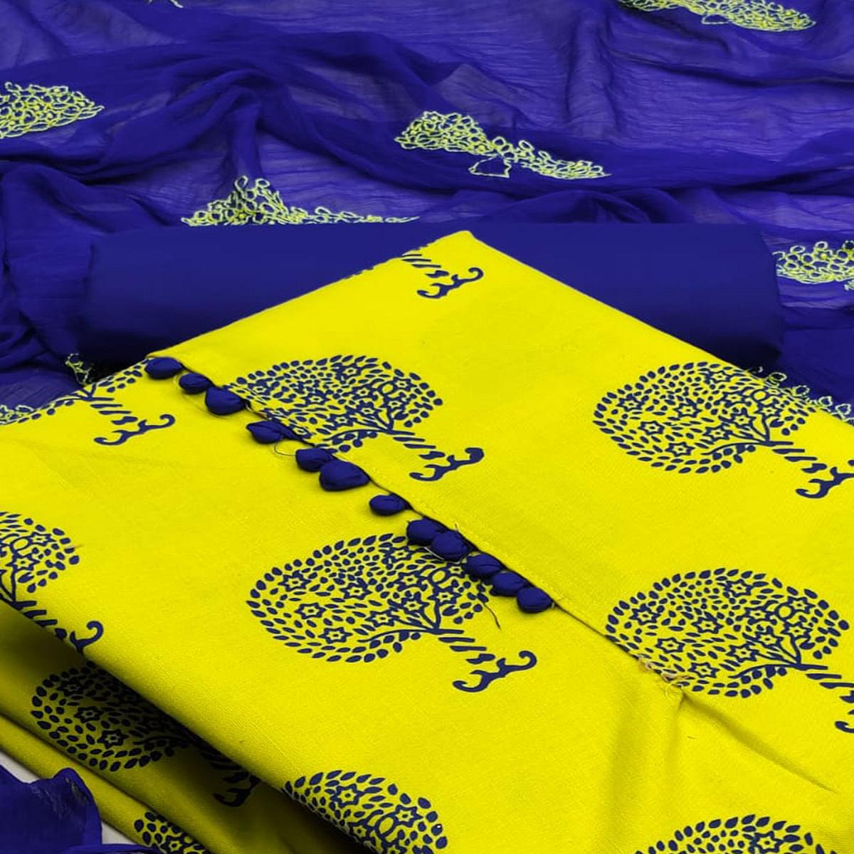 Yellow Printed Cotton Dress Material - Peachmode