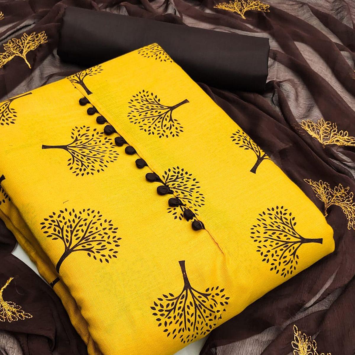 Yellow Printed Cotton Dress Material - Peachmode