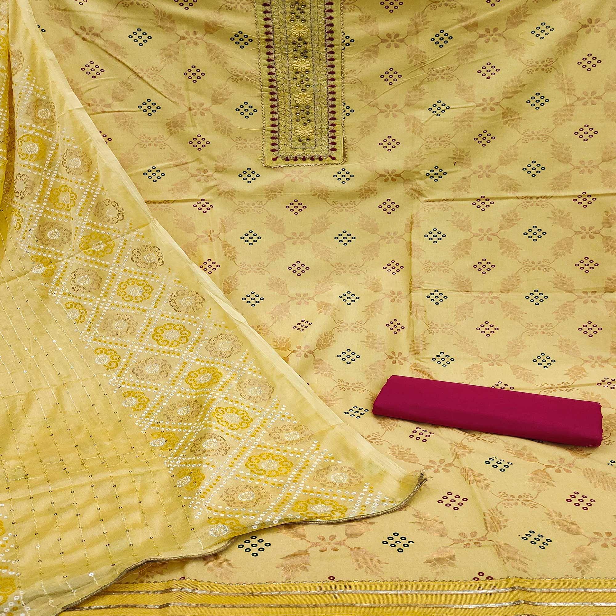 Yellow Printed Cotton Dress Material - Peachmode