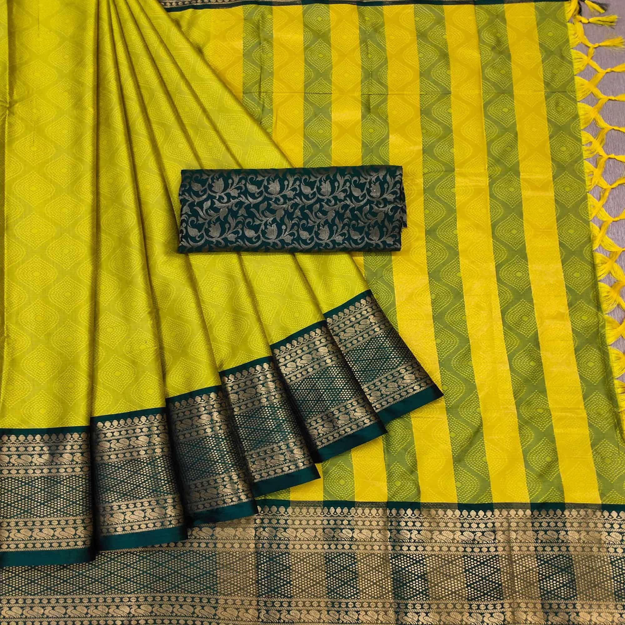 Yellow Printed Cotton Silk Saree - Peachmode